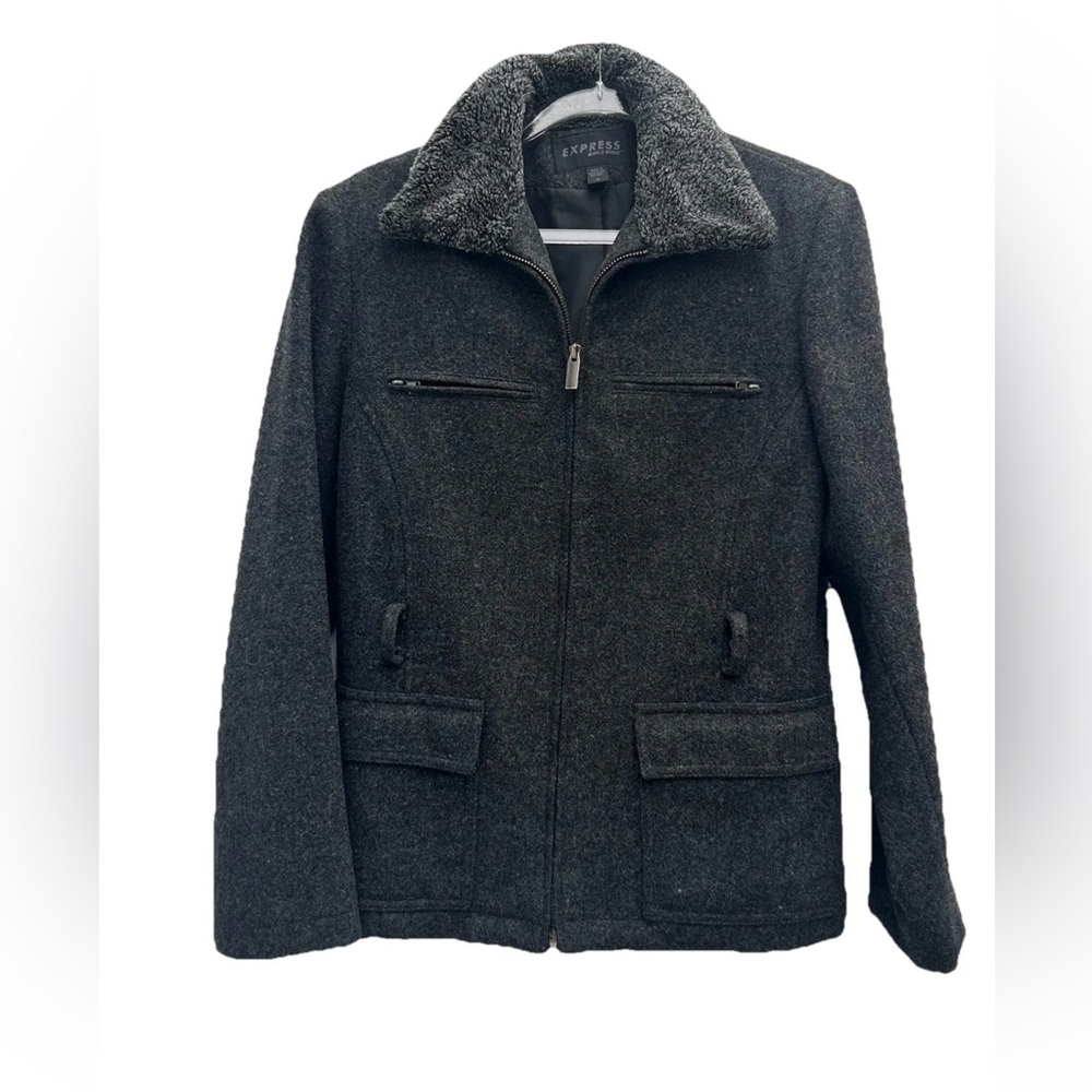 Vintage Express Coat Jacket Women Small Gray Wool Sherpa Trim Zip Up Y2K Lined